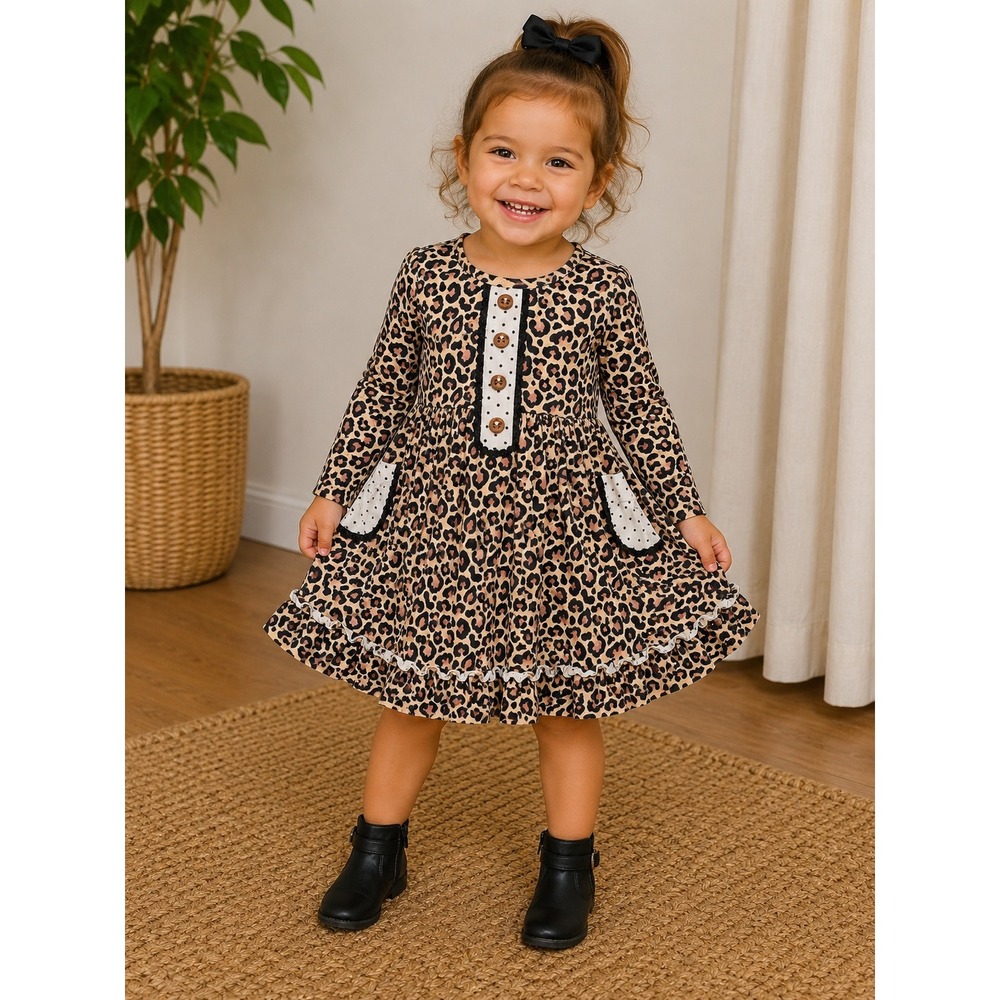 Swoon Baby Girl 4 Leopard Print Polka Dot Pocket Long Sleeve Ruffle Dress